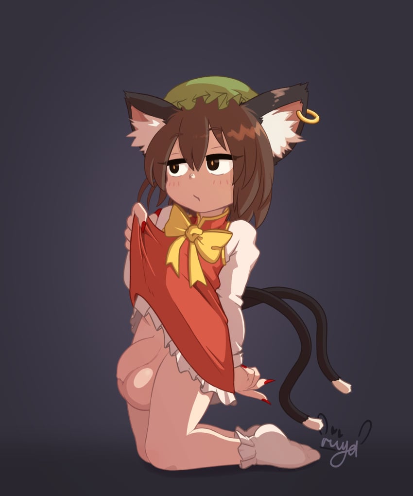 1futa :> absurdres animal_ears balls bike_shorts bottomless bow breasts brown_eyes brown_hair cat_ears cat_tail chen clothed clothes_lift clothing dress dress_lift earrings female fingernails flaccid foreskin futa_only futanari green_hat hat highres huge_balls huge_cock huge_testicles human jewelry kneeling legs_together lifting_own_clothes light-skinned_futanari light_skin looking_to_the_side mob_cap mostly_clothed multiple_tails penis red_dress red_nails riiya932 riiya_(riiya932) sharp_fingernails short_hair single_earring smooth_balls smooth_penis socks solo tail testicles touhou white_socks yellow_bow