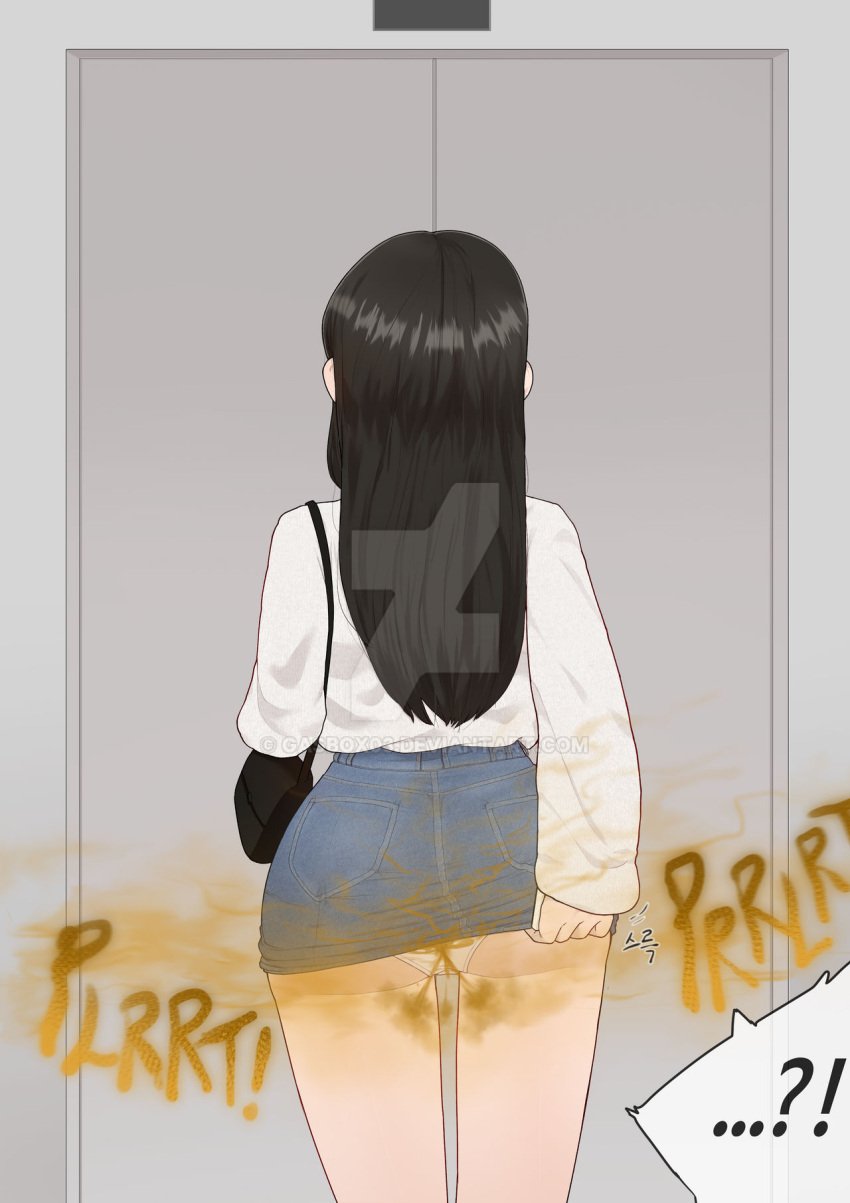 ?! back_view black_hair denim_skirt elevator elevator_interior fart fart_cloud fart_fetish farting gasbox hand_on_butt jeans_skirt scratching scratching_butt scratching_self upskirt