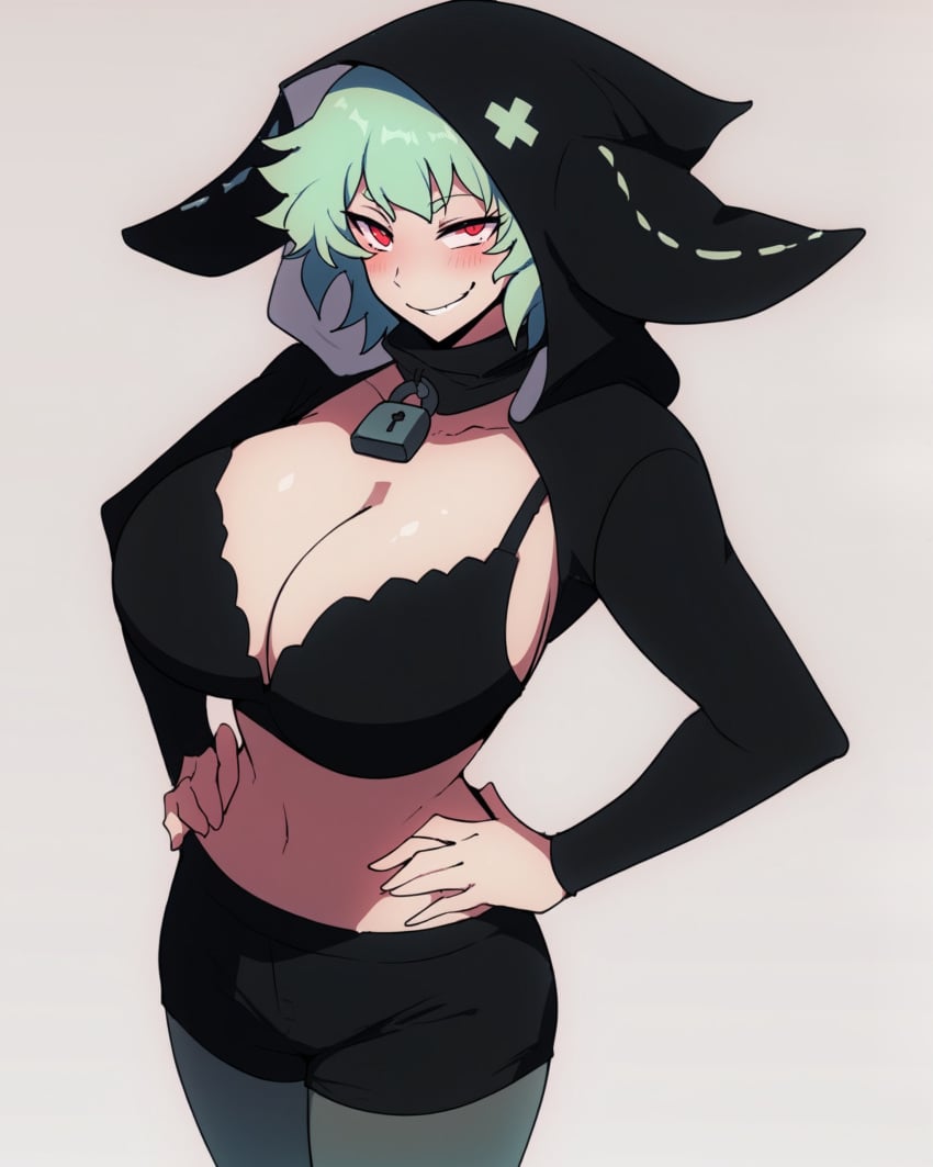 1girls ai_generated black_bra black_hood black_shorts bra breasts collar falsegate green_eyes green_hair green_pantyhose hands_on_hips hood huge_breasts i&#039;m_the_grim_reaper large_breasts light-skinned_female looking_at_viewer navel pantyhose shorts smile solo stable_diffusion wrynn_(i&#039;m_the_grim_reaper)