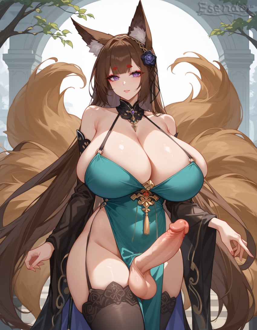 1futa ai_generated amagi_(azur_lane) azur_lane brown_hair dickgirl enormous_breasts erection esendor fox_ears fox_girl fox_tail futanari huge_breasts huge_cock huge_cock kitsune looking_at_viewer purple_eyes solo stable_diffusion testicles thick_thighs very_long_hair