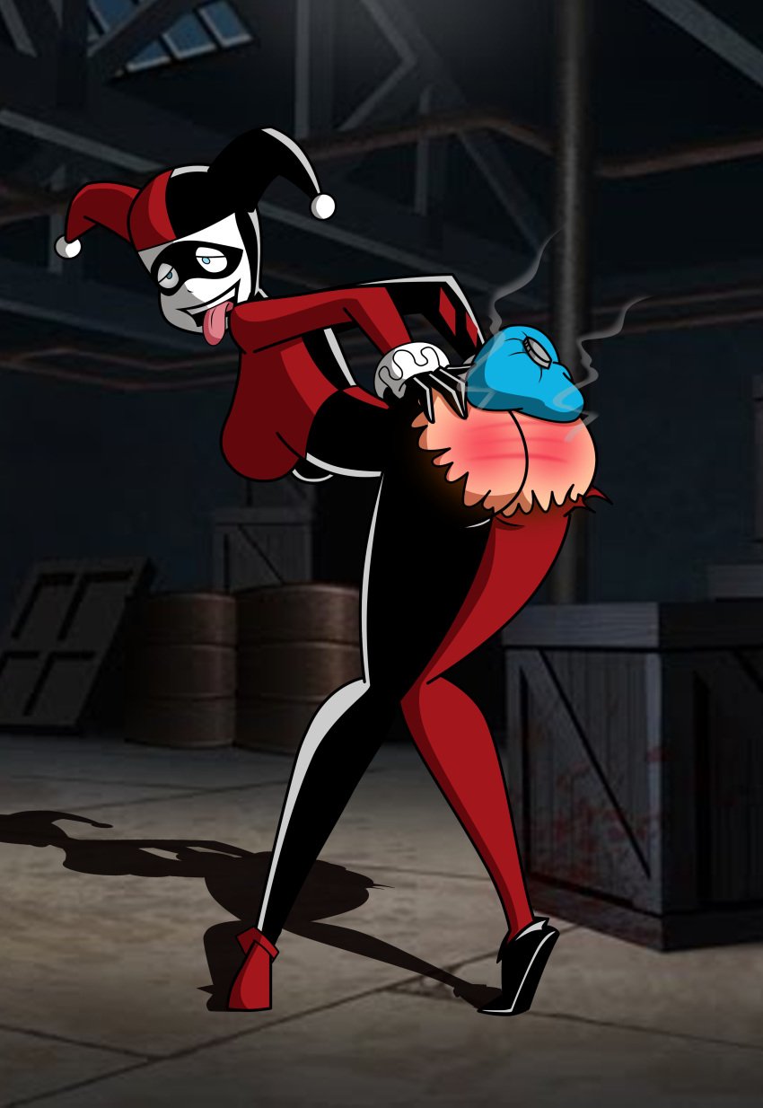 1girls ahe_gao ass batman:_the_animated_series batman_(series) bodysuit burned dat_ass dc dc_comics dcau exposed_ass female female_only grimphantom harley_quinn harley_quinn_(classic) icepack ripped_bodysuit solo tongue_out