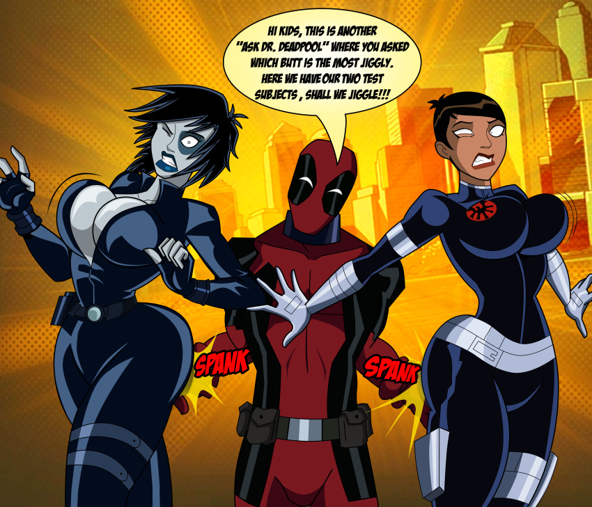 1boy 2girls ass big_ass big_breasts blue_lipstick bodysuit breasts cleavage comedy curvaceous dark-skinned_female dark_skin deadpool dialogue domino_(marvel) fat_ass female funny grimphantom hourglass_figure huge_ass human jiggle jiggling_ass jiggling_breasts lipstick male maria_hill maria_hill_(earth's_mightiest_heroes) marvel marvel_comics molestation neena_thurman one_eye_closed onomatopoeia pawg red_lipstick s.h.i.e.l.d. shocked short_hair skin_tight slim_waist spank spanked spanking speech_bubble superheroine surprised tanned_skin text the_avengers:_earth's_mightiest_heroes tight_clothing unzipped unzipped_bodysuit voluptuous white-skinned_female white_skin wide_hips x-force