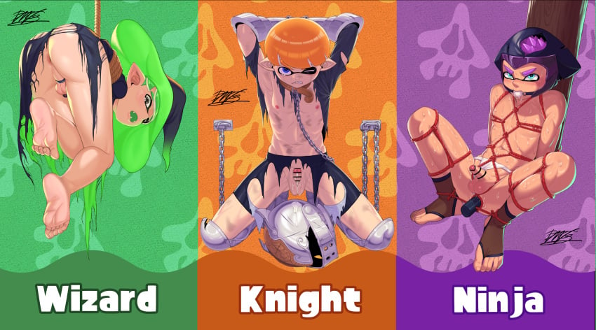 3boys artist_request ball_gag bondage chains chastity_cage cock_ring dang femboy feminine_male inkling_boy knight_vs._wizard_vs._ninja_splatfest leash_and_collar male_focus male_only nintendo penis sex_toy splatfest splatoon splatoon_(series) splatoon_3 team_knight_(splatfest) team_wizard_(splatfest) tied_up