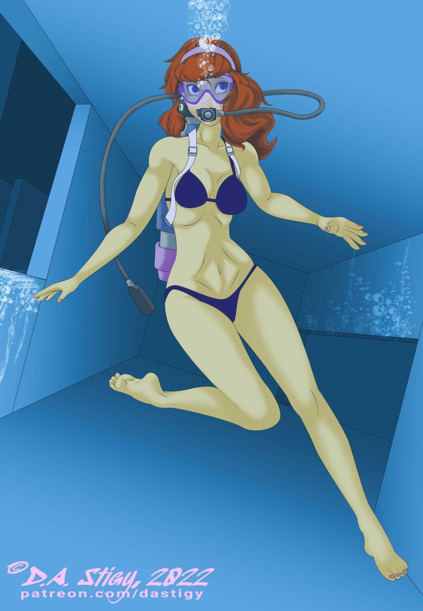 1girls barefoot bikini bikini_only blue_eyes daphne_blake dastigy feet female female_only orange_hair purple_bikini purple_bikini_only purple_eyes scooby-doo scuba scuba_gear scuba_mask scuba_tank soles solo solo_female solo_only toes underwater