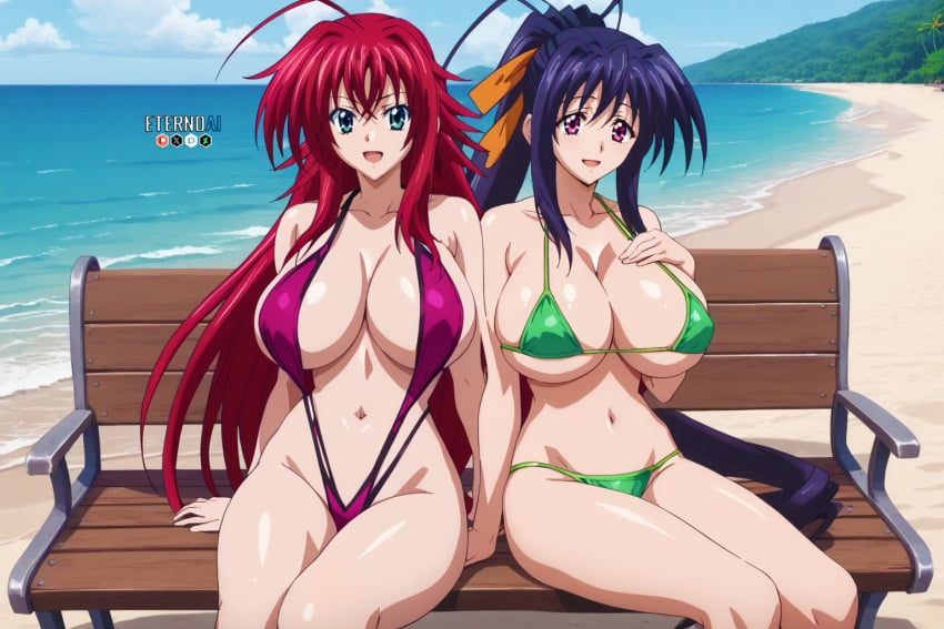 2girls ahoge ai_generated akeno_himejima antenna_hair beach bench big_breasts bikini black_hair blush couple crimson_hair curvy eternoai female_only hair_ribbon high_school_dxd light_skin orange_ribbon outdoors ponytail rias_gremory sky_blue_eyes very_long_hair violet_eyes voluptuous yuri