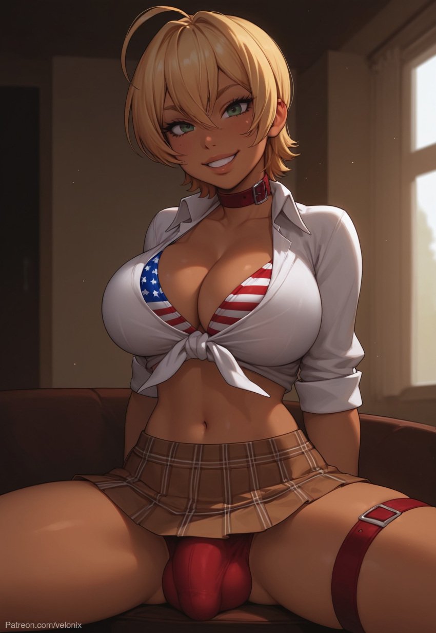 1futa 1futanari ai_generated american_flag american_flag_bikini ass big_ass big_breasts big_butt big_hips big_penis bikini blonde_hair blonde_hair_female breasts bulge bulge_through_clothing cleavage collar dark-skinned_futanari dark_skin dick dickgirl eyebrows eyelashes futa_only futanari green_eyes grin grinning grinning_at_viewer hair hands-free huge_cock indoors legs legs_apart lips long_hair looking_at_viewer makeup mito_ikumi narrow_waist narrowed_eyes nose panties penis red_panties seducing seductive seductive_eyes seductive_gaze seductive_look seductive_mouth seductive_pose seductive_smile shirt shokugeki_no_souma short_hair sitting skirt smile smile_at_viewer smiley_face smooth_balls smooth_penis smooth_skin solo solo_dickgirl solo_focus solo_futa solo_futanari testicles tied_shirt velonix white_shirt