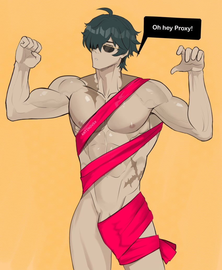 1boy abs bulge green_hair lighter_(zenless_zone_zero) male male_focus male_only meme muscular muscular_male nipples nude_guy_wrapped_in_ribbons_standing_(meme) ribbon scars sekima_smut solo solo_male standing text wrapped zenless_zone_zero