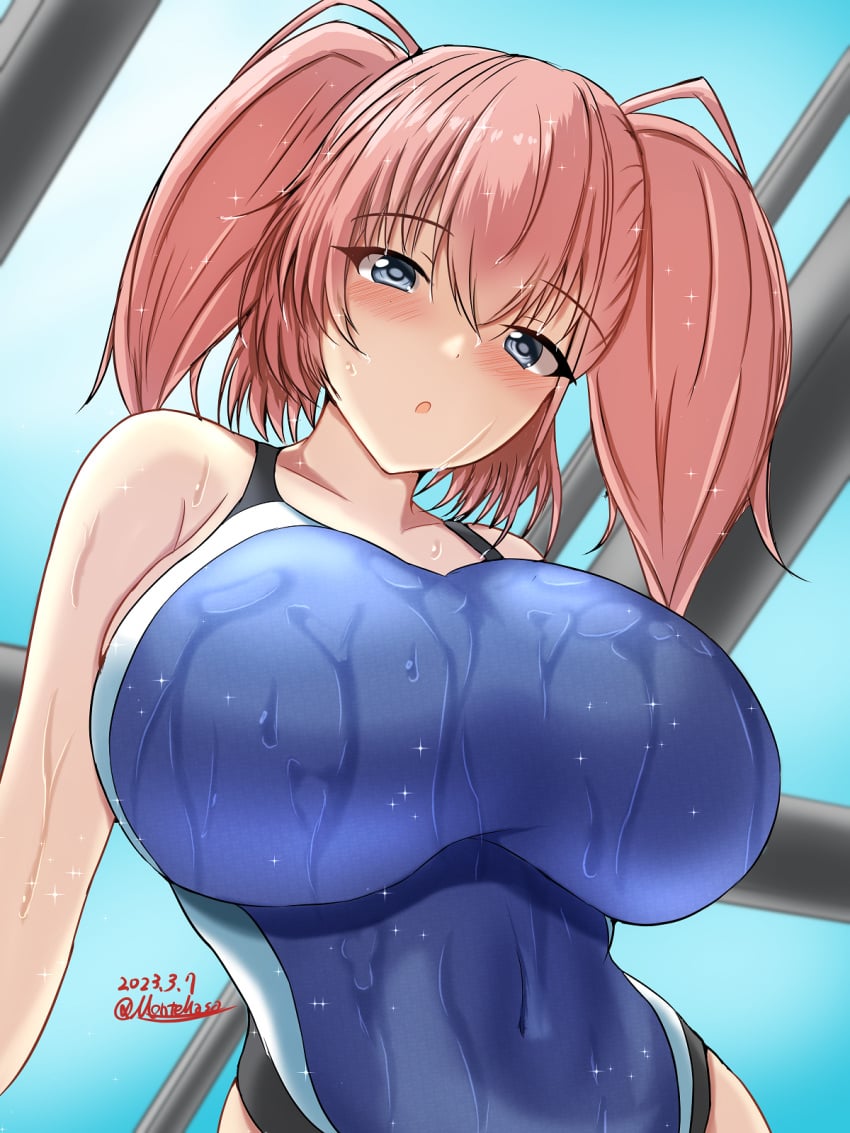 1girls :o atlanta_(kantai_collection) black_one-piece_swimsuit blue_one-piece_swimsuit breasts brown_hair competition_swimsuit covered_navel dated female female_only grey_eyes hair_between_eyes highres huge_breasts indoors kantai_collection large_breasts long_hair looking_at_viewer montemasa multicolored_swimsuit one-piece_swimsuit rei_no_pool solo solo_female swimsuit that_pool twitter_username two-tone_swimsuit two_side_up upper_body