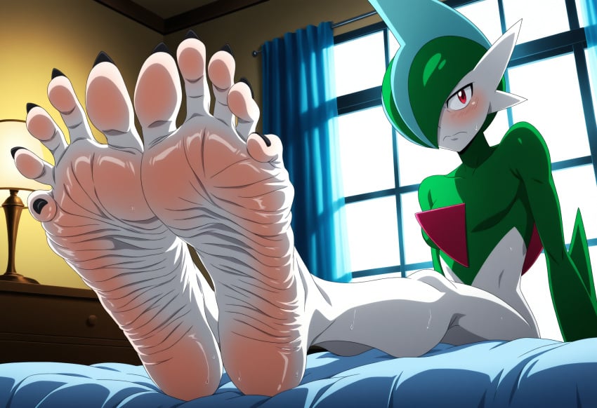 ai_generated background bed bedroom black_toenails feet feet_focus foot_fetish foot_focus fuealahomg gallade highres pointy_nails pokemon pokemon_(species) red_eyes sitting soles solo solo_male toe_claws toenail_polish toenails toes wrinkled_soles