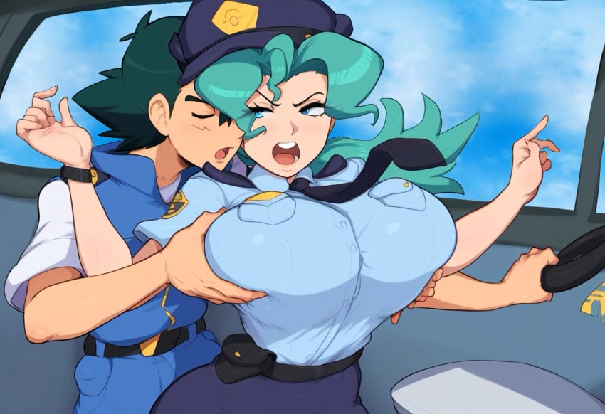 1boy ai_generated breast_grab car female grabbing huge_breasts mullon muscular_male novelai officer_jenny_(pokemon) paulinebabe pokemon pokemon_(anime) pokemon_journeys police police_uniform policewoman satoshi_(pokemon)