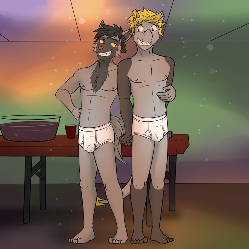 1:1 abs anthro beverage briefs bulge clothed clothing detailed_bulge duo furniture fuze generation_3_pokemon generation_7_pokemon hakamo-o hi_res jake_(fuze) male male/male navel nintendo nipples party pawl_(fuze) pokemon pokemon_(species) poochyena red_cup smirking_at_another smirking_at_partner table tighty_whities underwear underwear_only white_briefs white_clothing white_underwear