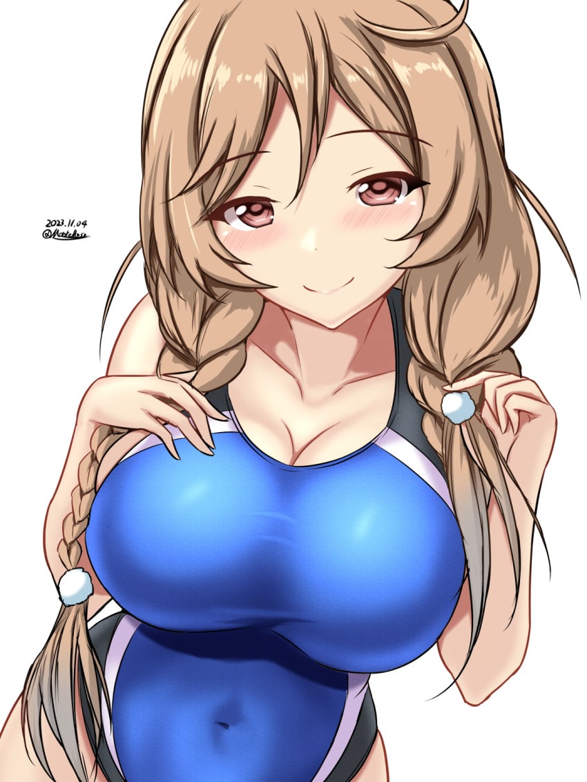 1girls blush braid breasts brown_eyes cleavage collarbone competition_swimsuit covered_navel dated female female_only highres huge_breasts kantai_collection large_breasts light_brown_hair long_hair looking_at_viewer minegumo_(kantai_collection) montemasa one-hour_drawing_challenge one-piece_swimsuit simple_background solo solo_female swimsuit twin_braids twitter_username white_background