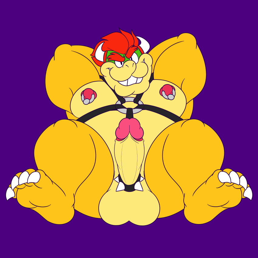 1boy 4_toes arms_behind_head arms_up barefoot bowser chubby cock_ring erection koopa looking_at_viewer lying male male_only mario_(series) nintendo nipple_piercing nipple_rings nipples nude on_back penis presenting presenting_penis purple_background simple_background sitting smile soles solo spiked_cock_ring spiked_collar testicles thick_penis uncensored video_games wolfbuns