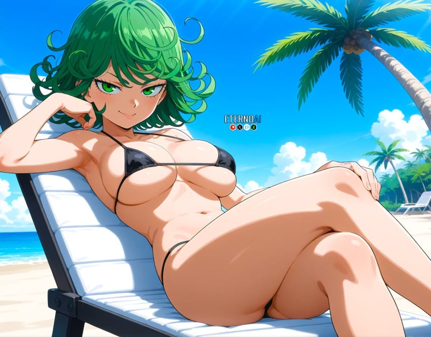 1girls ai_generated anime anime_girl anime_style babe beach black_bikini busty_female confident eternoai female green_hair hands_in_hair heroine island large_breasts laying_down laying_on_bed legs_crossed looking_at_viewer micro_bikini navel one-punch_man palm_tree relaxing seaside seductive_eyes seductive_pose sexy short_hair smile summer sun superheroine tatsumaki thick_thighs vacation warrioress