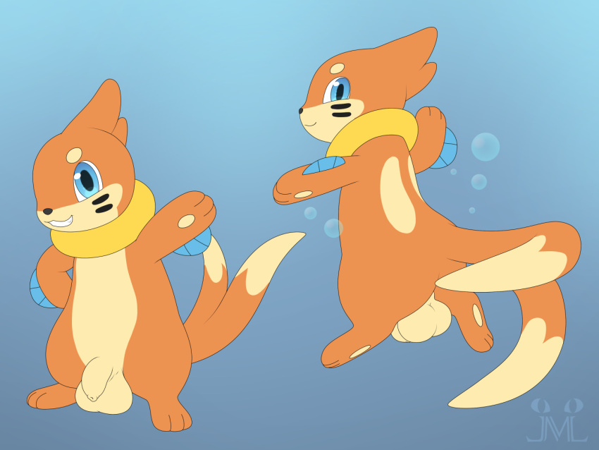 2_tails anthro balls big_balls blue_eyes buizel fan_character fin foreskin fur generation_4_pokemon genitals humanoid_genitalia humanoid_penis jonatanm male mammal multi_tail mustelid nintendo orange_body orange_fur otter penis pokemon pokemon_(species) rear_view solo tail uncircumcised