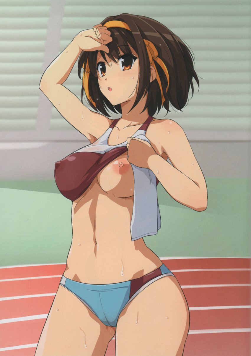 absurdres bare_shoulders bleachers bra bra_lift breasts brown_eyes brown_hair buruma cameltoe collarbone covered_nipples female hairband haruhisky highres medium_breasts navel nipples one_breast_out open_mouth scan short_hair sports_bra suzumiya_haruhi suzumiya_haruhi_no_yuuutsu sweat towel track track_uniform underwear