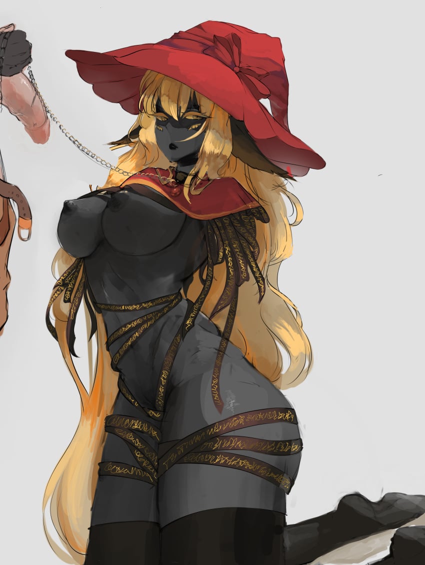 1boy 1girls 4_eyes black-skinned_female black_body black_skin blonde_hair imminent_oral imminent_rape large_ass large_breasts leash light-skinned_male light_skin mancer_(oc) original slave thick_thighs very_long_hair witch_hat yellow_eyes