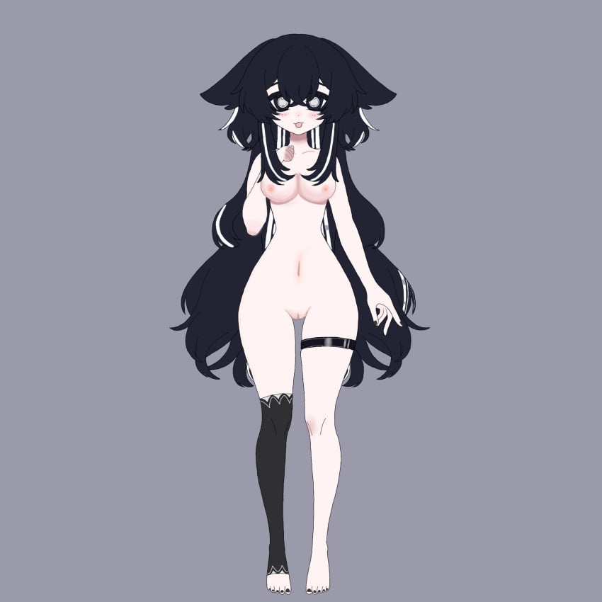 animal_ears black_eyes black_hair entity hand_on_breast long_hair nude_female round_breasts ruri_magnetar smaller_female smile socks thighs vietnamese vtuber vtubers white_eyes