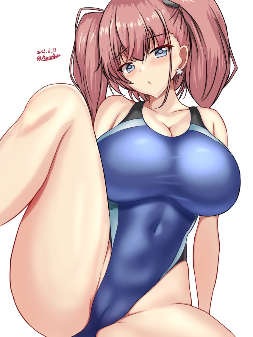 1girls alternate_costume atlanta_(kantai_collection) blue_one-piece_swimsuit blush breasts brown_hair collarbone competition_swimsuit covered_navel dated earrings female female_only grey_eyes highleg highleg_one-piece_swimsuit highres huge_breasts jewelry kantai_collection knee_up large_breasts long_hair looking_at_viewer montemasa one-piece_swimsuit open_mouth single_earring sitting solo solo_female star_(symbol) star_earrings swimsuit twitter_username two_side_up white_background