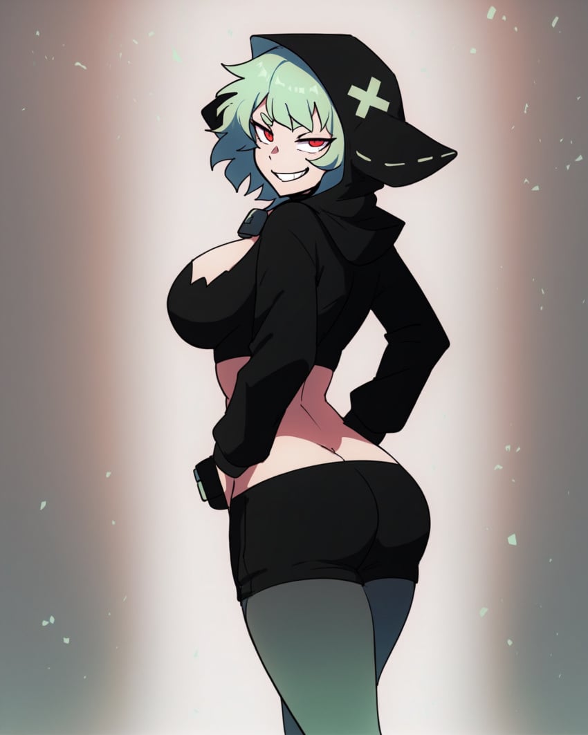 1girls ai_generated ass black_bra black_hood black_shorts bra breasts collar falsegate from_behind green_eyes green_hair green_pantyhose i&#039;m_the_grim_reaper large_breasts pantyhose presenting_ass shorts smile solo stable_diffusion wrynn_(i&#039;m_the_grim_reaper)