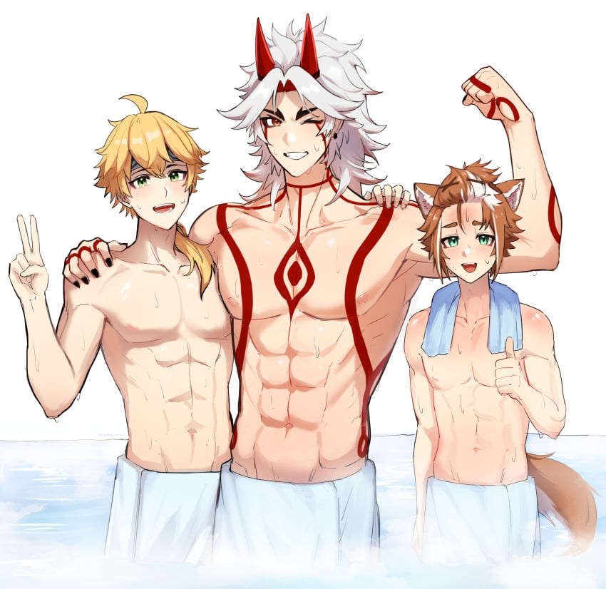 arataki_itto bath bathhouse gay genshin_impact gorou_(genshin_impact) ittogorou thoma_(genshin_impact) yaoi