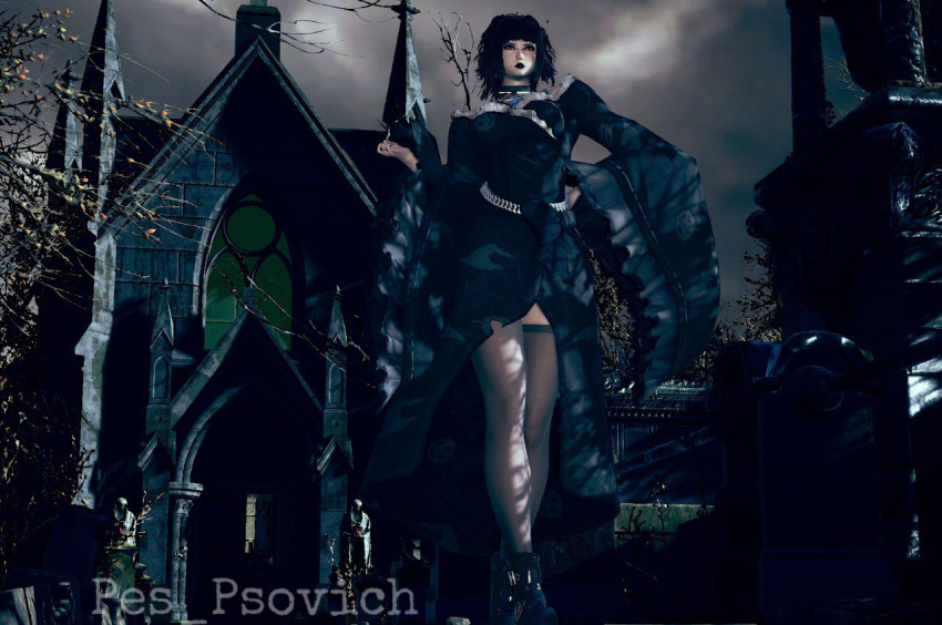black_hair boots cemetery clothed female female_only goth goth_girl night red_eyes standing