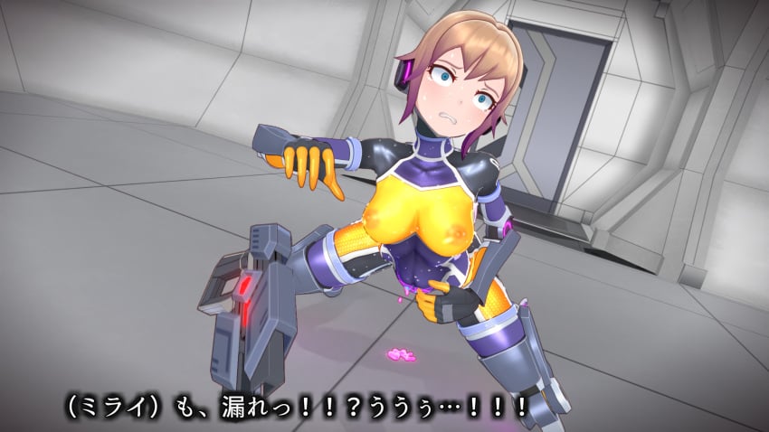 3d agent_mirai blender_(medium) blue_eyes blush bodysuit breasts brown_hair clenched_teeth covered_nipples female gun highres impossible_bodysuit impossible_clothes large_breasts latex mind_control mirai_(agent_mirai) multicolored_hair nipples object_insertion personality_excrement pussy_juice rolling_eyes sex_toy short_hair skin_tight solo teeth umaaji_lady_mk2 weapon