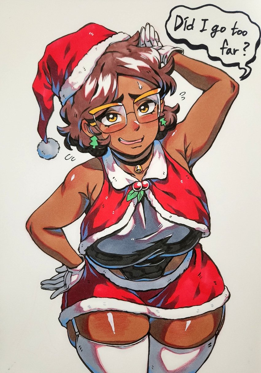 1girls armpits breasts brown_hair camila_noceda christmas christmas_outfit dark-skinned_female dialogue disney english_text female female_only girin glasses gloves hi_res huge_breasts latina latina_milf looking_at_viewer mature mature_female mature_woman milf santa_hat solo solo_female text text_bubble the_owl_house thick_thighs thighhighs voluptuous voluptuous_female