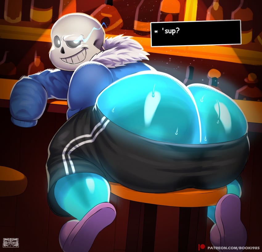 1boy 2025 animated_skeleton ass ass_focus bara big_ass big_ass_(male) big_butt black_shorts blue_body blue_butt bone butt butt_focus dialogue el_booki english_text gay glowing glowing_ass grin hi_res humanoid looking_back male male_only one_eye_half-closed pink_slippers sans shorts signature sitting skeleton slippers smile solo sweat sweaty_butt talking_to_viewer teasing teasing_viewer teeth text undead undertale undertale_(series)