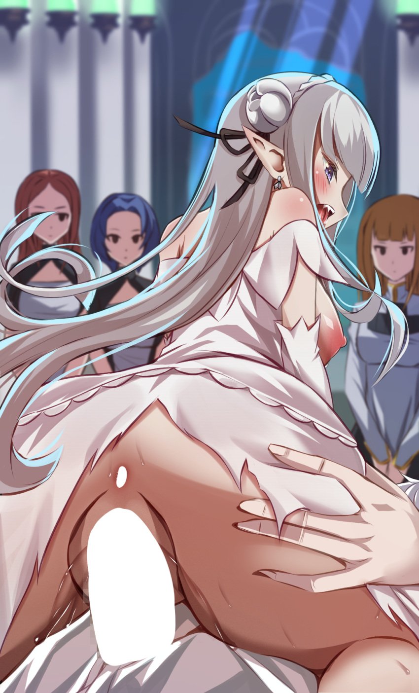 big_breasts censored elf elf_ears elf_female elf_girl emilia_(re:zero) female flower_in_hair flower_ornament hair_ornament half-elf heavenly_ass light-skinned_female light_skin long_hair male male/female ntr pointy_ears princess purple_eyes rape re:zero_kara_hajimeru_isekai_seikatsu regulus_corneas roku_(roku28) royalty silver_hair thighhigh_boots very_long_hair white_hair