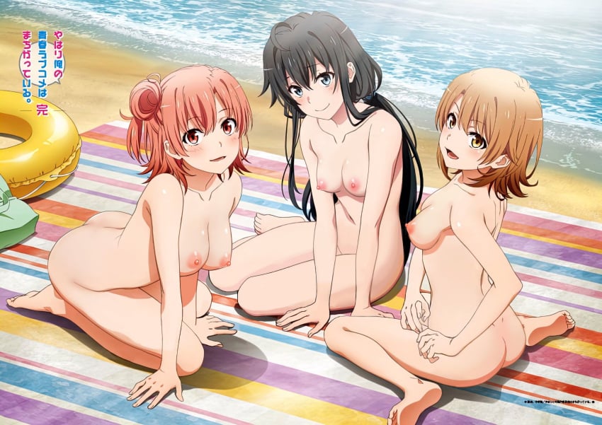 3girls blue_eyes completely_nude_female isshiki_iroha my_teen_romantic_comedy_snafu nude_female orange_eyes orange_hair yuigahama_yui yukinoshita_yukino