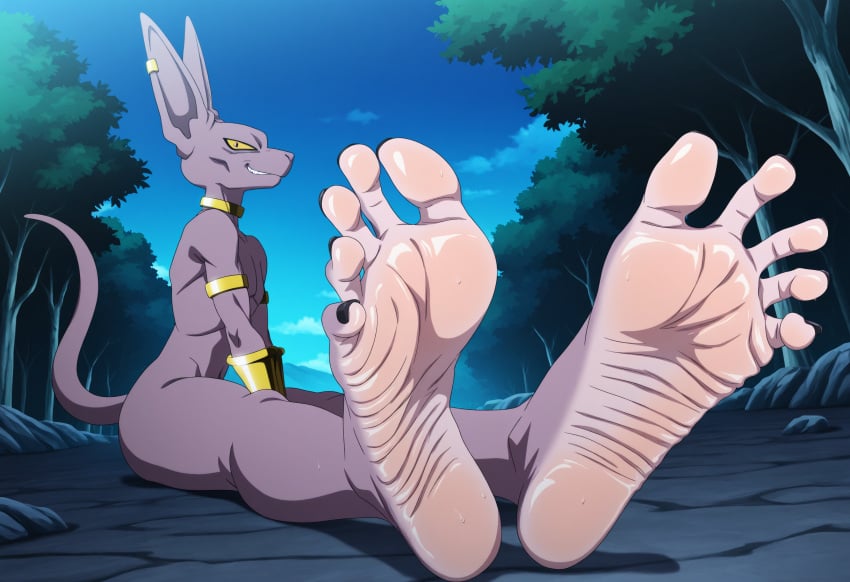 1boy ai_generated ass background beerus black_toenails cat_humanoid catboy dragon_ball dragon_ball_super earrings feet foot_fetish fuealahomg highres male_only muscular muscular_male painted_toenails pointy_nails purple_body sitting sitting_on_floor smile smiling smiling_at_viewer soles solo solo_male sweat sweatdrop sweaty_feet toe_claws toenail_polish toenails toes wrinkles yellow_eyes