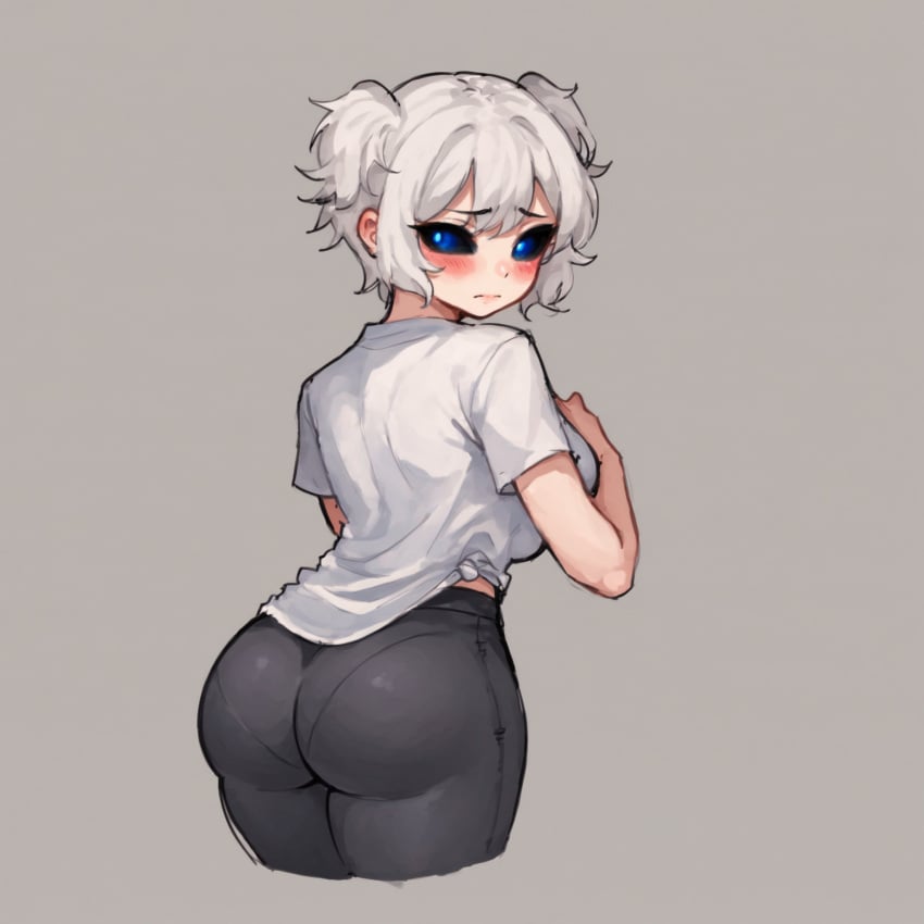 1girls ai_generated arms_over_chest asss baggy_shirt black_pants black_sclera blue_eyes blush dot_eyes dot_pupils embarrassed falsegate from_behind genderswap_(mtf) highres identity_v idv ithaqua_(identity_v) large_breasts looking_back rule_63 short_hair solo stable_diffusion tight_pants white_hair white_shirt