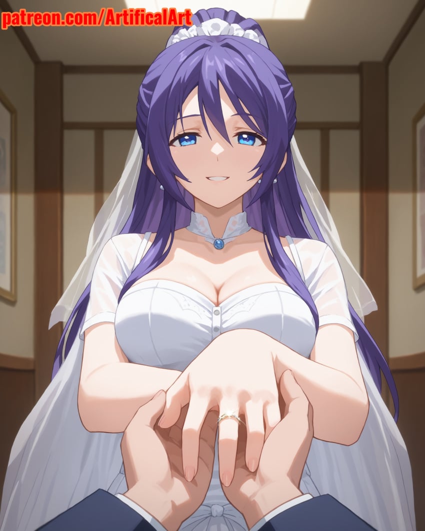 1girls ai_generated artifical_art big_breasts blue_eyes bride long_hair mankitsu_happening perfect_body purple_hair rei_suzukawa very_long_hair