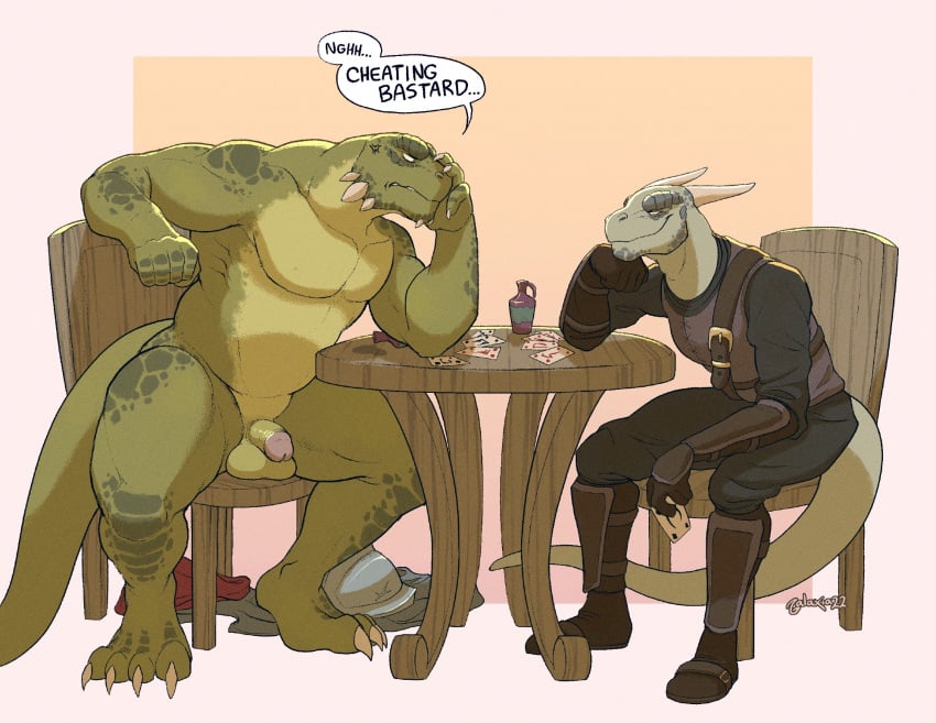 anthro argonian armor balls boots bottle bottomwear casual_nudity chair cheek_spikes chin_spikes claws clothed clothing container cross-popping_vein dialogue discarded_armor discarded_clothing duo english_text facial_spikes flaccid footwear furniture galaxia22 genitals gloves green_body green_scales handwear head_on_hand hi_res holding_card horn humanoid_genitalia humanoid_penis male microsoft musclegut muscular muscular_male nude on_chair pants penis scales scalie shirt shoes simple_background sitting size_difference spikes spikes_(anatomy) strip_poker table text the_elder_scrolls topwear urethra vest