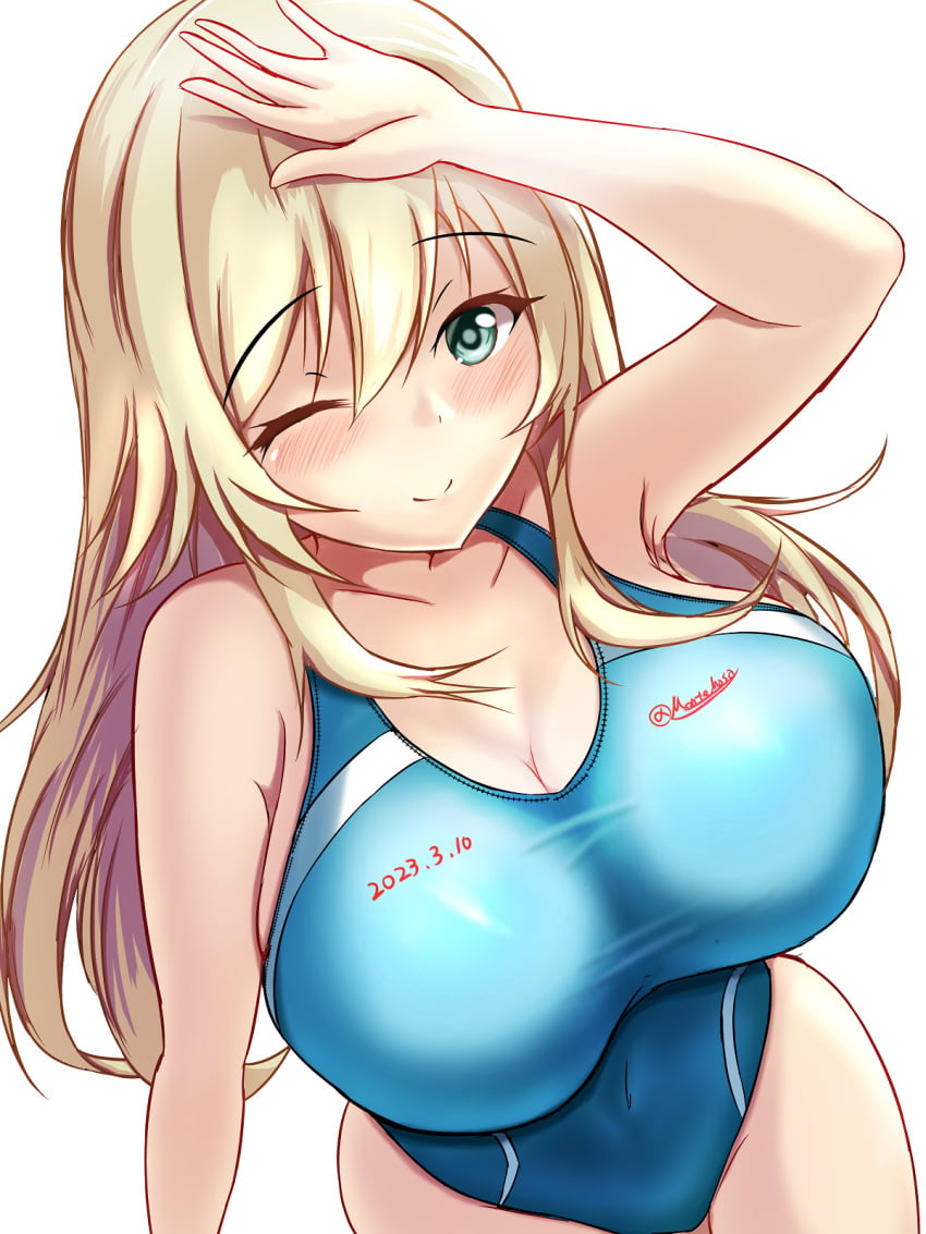 1girls atago_(kantai_collection) blonde_hair blue_one-piece_swimsuit blush breasts collarbone competition_swimsuit cowboy_shot dated female female_only green_eyes highres huge_breasts kantai_collection large_breasts long_hair looking_at_viewer montemasa one-piece_swimsuit one_eye_closed simple_background solo solo_female swimsuit twitter_username white_background