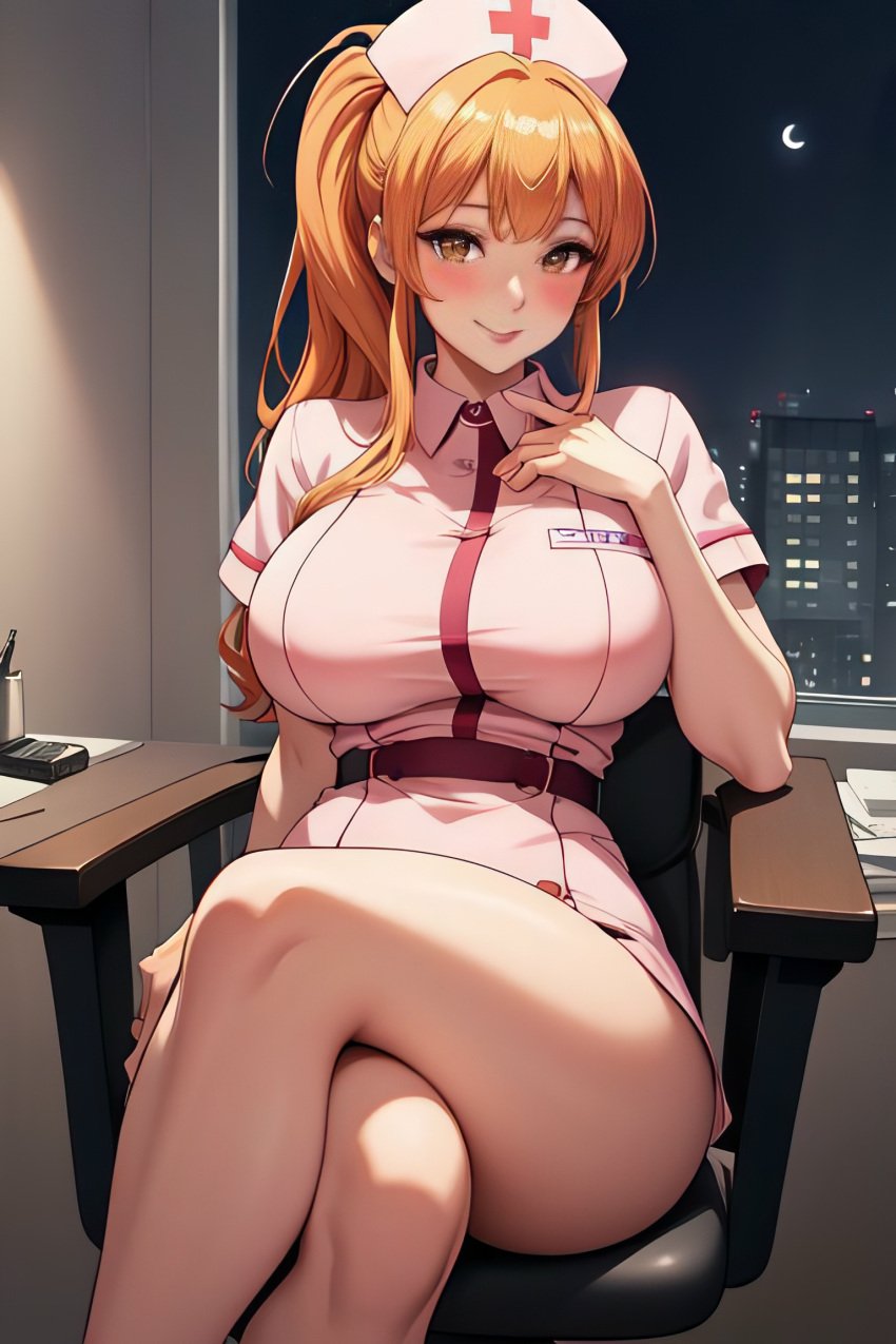 1girls ai_generated ane_wa_yanmama_junyuuchuu_in_jikka blush blush blush_lines brown_eyes crossed_legs dh_lucky ginger_hair large_breasts long_hair milf nurse nurse_cap nurse_outfit nurse_uniform open_mouth orange_hair sano_aika sitting_on_chair smile smiley_face solo