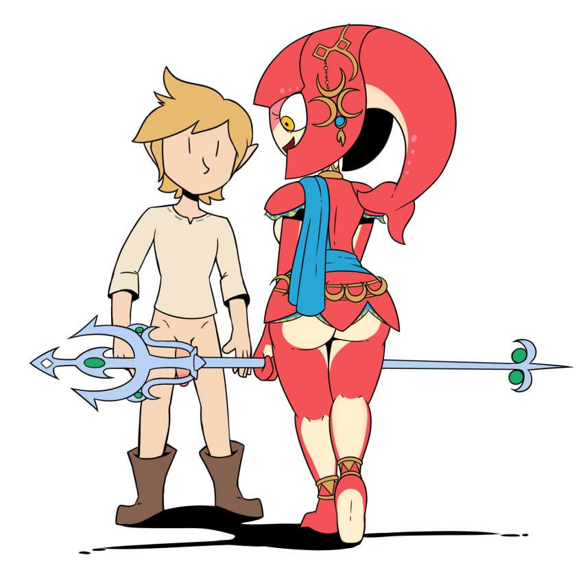 1boy 1girls blush boots bottomless breasts breath_of_the_wild clothed clothing female footwear humanoid hylian jewelry lightscale_trident link link_(breath_of_the_wild) male melee_weapon mipha miscon nintendo old_shirt open_mouth penis polearm princess_mipha simple_background spear the_legend_of_zelda video_games weapon white_background zora