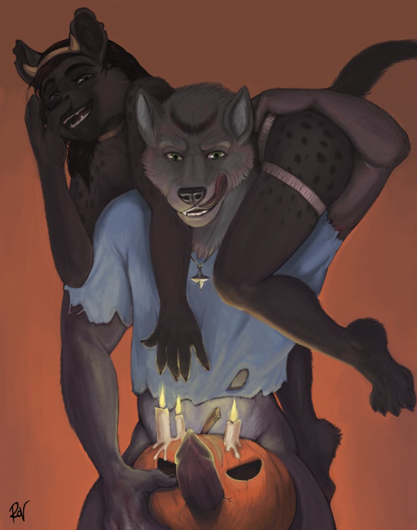 2016 4_toes 5_fingers anthro black_claws black_fur black_hair black_markings black_nose black_spots blue_clothing blue_shirt blue_topwear bottomless brown_background burning_candles candles canine carrying claws clothed clothing cody_(pittbullpaw) collar digital_media_(artwork) duo erection facial_markings fake_horns fireman's_carry food fruit fucking_pumpkin fur green_eyes grey_fur grey_penis hair halloween hi_res holding_food holding_object holidays hyena jack-o'-lantern jewelry jockstrap licking licking_lips long_hair looking_at_viewer male male_only mammal markings multicolored_fur necklace notched_ear open_mouth penis pink_tongue pumpkin rov shinowolf shirt signature simple_background spots spotted_fur spotted_hyena standing t-shirt teeth toe_claws toes tongue tongue_out topless torn_clothing two_tone_fur underwear white_candles wolf