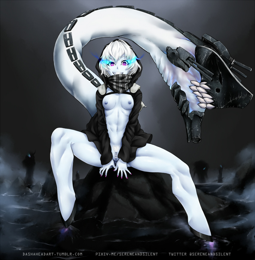 bangs bar_censor black_jacket black_scarf blue_skin breasts burning_eyes censored colored_pubic_hair commentary female full_body glowing glowing_eyes graphite_(medium) grin hair_between_eyes highres hood hood_up hooded_jacket hooves jacket kantai_collection legs long_sleeves looking_at_viewer nail_polish navel nipples no_bra no_panties open_clothes open_jacket pink_nails pubic_hair purple_eyes pussy re-class_battleship rock scarf sereneandsilent sharp_teeth shinkaisei-kan short_hair sitting small_breasts smile solo spread_legs striped striped_scarf tail tail_mouth teeth toned traditional_media tumblr_username turret twitter_username v_arms watermark web_address white_hair