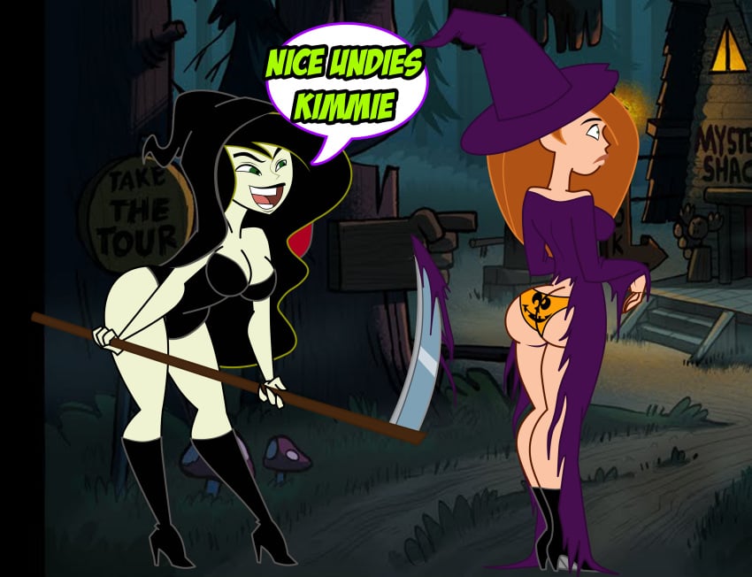 2girls ass assisted_exposure black_hair boots breasts brown_hair cleavage curvy dat_ass disney dress duo english_text exposed exposed_ass female female_only female_with_female green_eyes grim_reaper_(cosplay) grimphantom halloween hat high_heel_boots holidays hood human kim_possible kimberly_ann_possible knee_boots large_ass large_breasts long_hair melee_weapon multiple_girls outdoors panties print_panties scythe shego sideboob skirt smile text torn_clothes very_long_hair weapon witch witch_costume witch_hat yuri