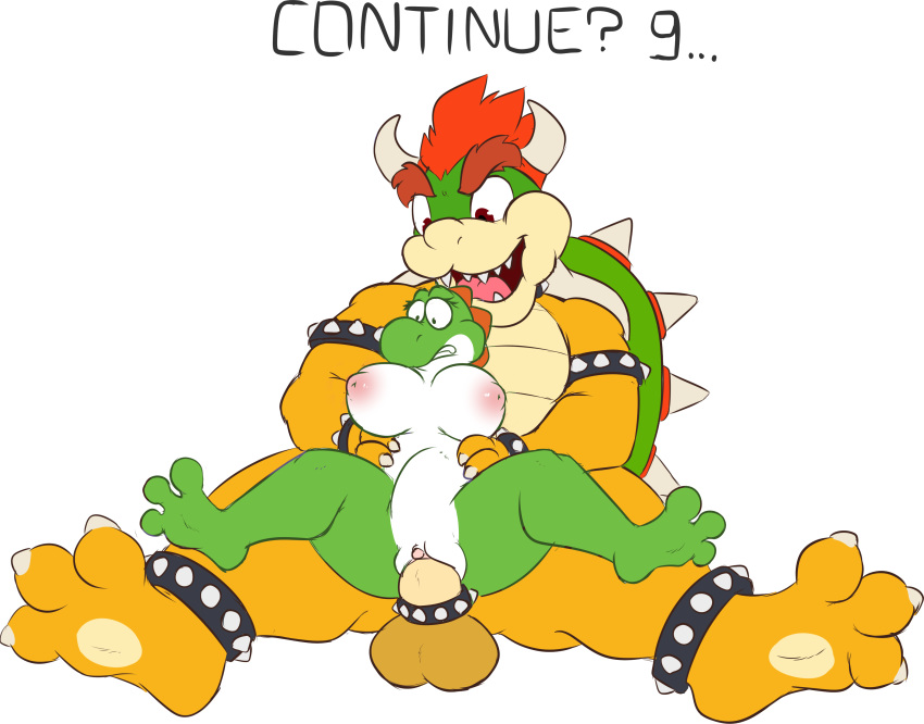 1boy 1girls 3_toes absurd_res balls bowser breasts cock_ring couple_(disambiguation) female full_body gameplay_mechanics haiku_oezu hi_res hindpaw koopa looking_at_another male mario_(series) nintendo nipples nude on_top paws penetration penis pussy reverse_cowgirl_position sex shocked simple_background sitting size_difference soles spiked_cock_ring spiked_collar stomach_bulge super_mario_bros. text toes vaginal_penetration video_games white_background yoshi