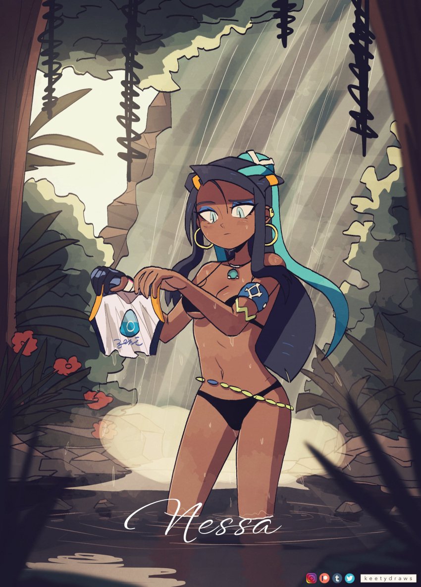 1girls bikini black_bikini breasts dark-skinned_female dark_skin female female_only gym_leader keetydraws long_hair nessa_(pokemon) nintendo outdoors outside pokemon pokemon_ss solo tagme