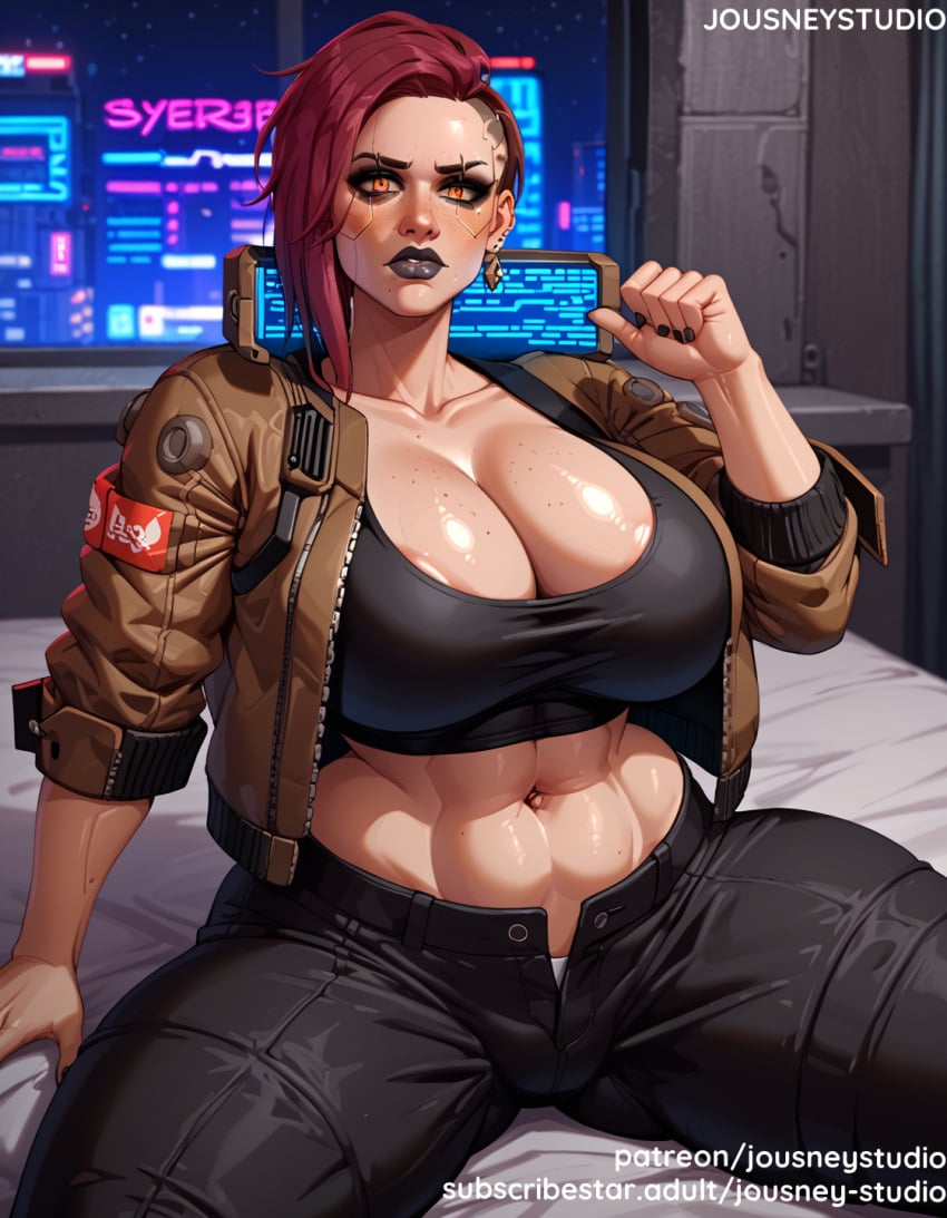 abs ai_generated areola_slip bangs bed black_jacket black_lips black_nails black_pants black_sports_bra bra breasts cleavage clothing colored_sclera crop_top cyber cyberpunk cyberpunk_2077 cyborg dark_areolae earrings eyeshadow female female female_only freckles huge_breasts jacket jewelry jousneystudio large_breasts leather_jacket lips lipstick looking_at_viewer makeup midriff muscle muscular_female navel on_bed open_clothes open_fly open_jacket original pants parted_lips piercing red_hair shirt short_hair sitting solo sports_bra spread_legs sweat tattoo thick_thighs thighs undercut v_(cyberpunk_2077) yellow_eyes