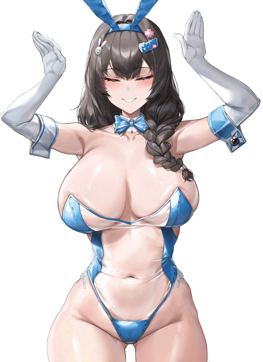 absurdres animal_ears armpits arms_up bare_shoulders black_hair blue_bow blue_bowtie blue_hairband blue_leotard blush bow bowtie braid braided_ponytail breasts closed_eyes collarbone covered_navel cowboy_shot detached_collar fake_animal_ears female gluteal_fold goddess_of_victory:_nikke hair_ornament hairband hairclip highleg highleg_leotard highres huge_breasts leotard long_hair mary_(medical_rabbit)_(nikke) mary_(nikke) meme_attire nontraditional_playboy_bunny parted_lips playboy_bunny rabbit_ears rabbit_hair_ornament rabbit_pose samart see-through_clothes see-through_leotard single_braid thighs translucent_bunnysuit