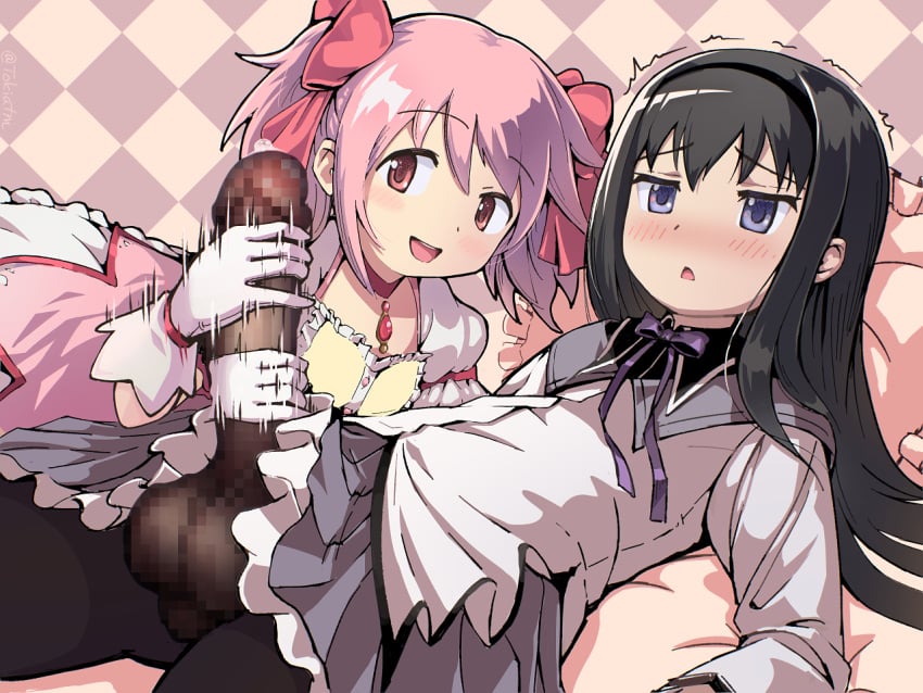 1futa 1girls akemi_homura balls breasts censored clothed clothing dickgirl erection female futa_on_female futanari gloves handjob huge_cock light-skinned_female light-skinned_futanari light_skin madoka_kaname mahou_shoujo_madoka_magica mosaic_censoring mostly_clothed on_back pantyhose penis tokiatm yuri