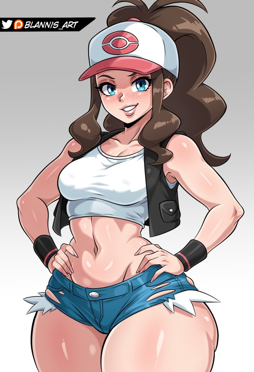 1girls absurd_res baseball_cap best_girl black_vest blannis_art blue_eyes booty_shorts breasts brown_hair daisy_dukes female female_only game_freak hands_on_hips hi_res hilda_(pokemon) large_breasts long_hair midriff midriff_baring_shirt navel nintendo pale-skinned_female pale_skin pink_nails pokeball_logo pokemon ponytail short_shorts teenage_girl teenager thick_thighs vest white_topwear wide_hips