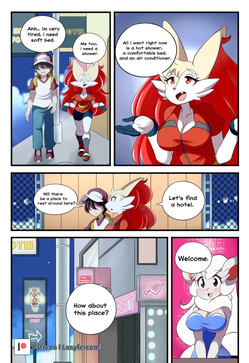 braixen bray_(lucyfercomic) cincci_(lucyfercomic) cinccino comic hotel lopunny lucyfercomic pokemon pokemon_(species) pokemon_trainer speech_bubble walking