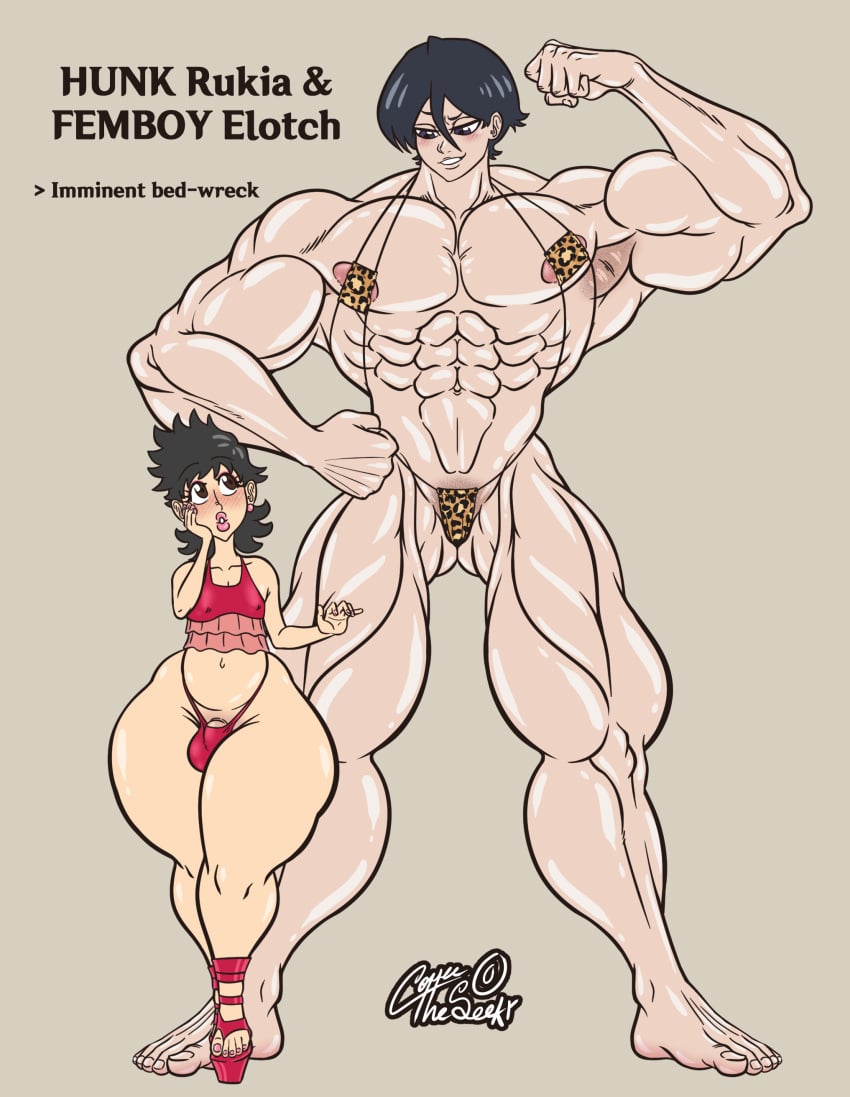 1boy 1girls ass_bigger_than_head big_muscles bigger_female bleach bleach:_the_thousand-year_blood_war bodybuilder coffeetheseeker elotch_brown_(coffeetheseeker) extreme_muscles female femboy flexing_bicep high_heels hyper_muscles kuchiki_rukia leopard_print makeup male muscle_girl muscle_mommy muscular muscular_female nipple_slip nipples_visible_through_clothing no_breasts oc original_character painted_toenails shaved_armpit shaved_pussy sling_bikini thick_ass thick_male thick_thighs thong