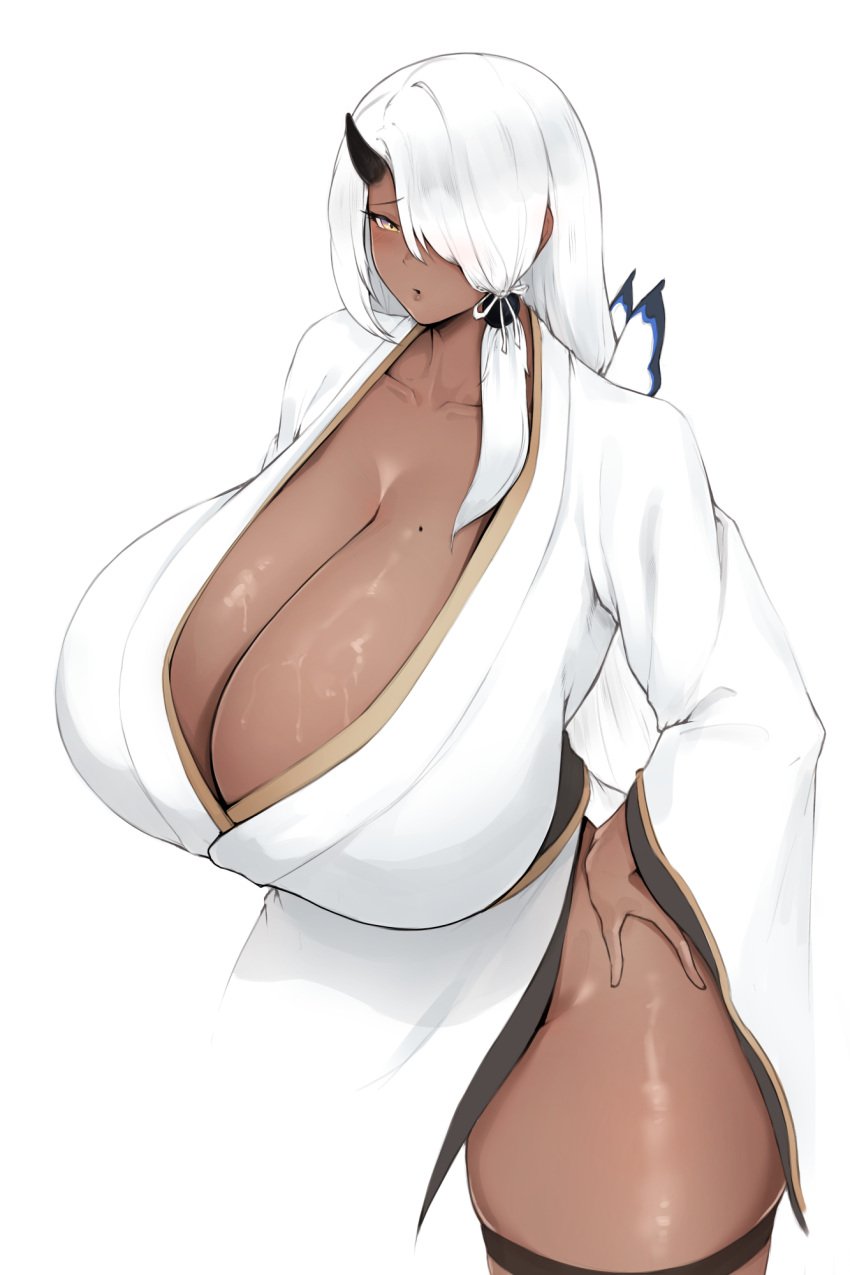 1girls dark-skinned_female elegant huge_breasts mole tagme thick_thighs white_hair zer0artzer0